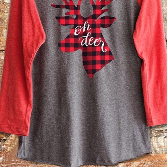 Oh deer buffalo plaid 3/4 sleeve baseball top - Picture 2 of 3